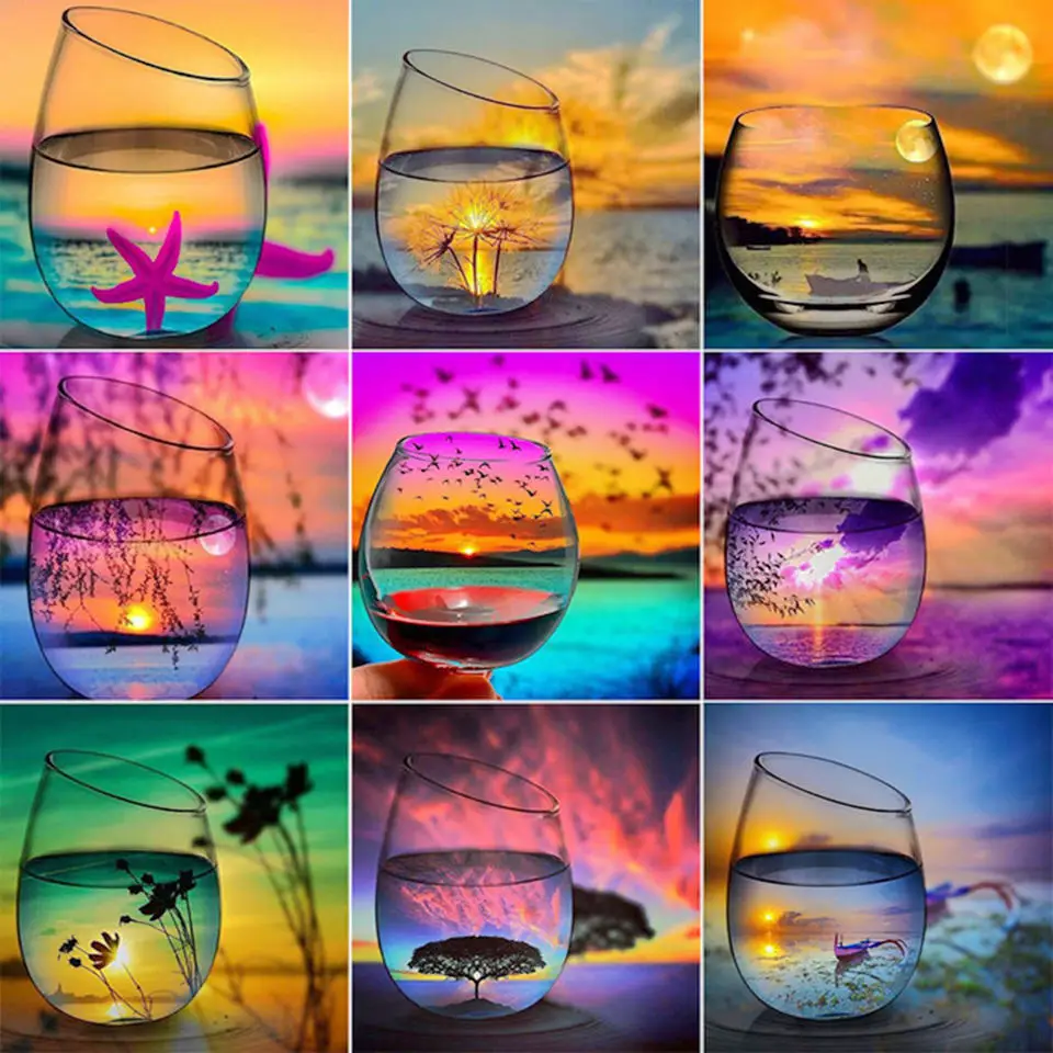 

HOME 5D Diamond Painting Crossstitch Kit Square Diamond Embroidery Crossstitch Cup Beach Art Mosaic Picture Room Decoration Gift