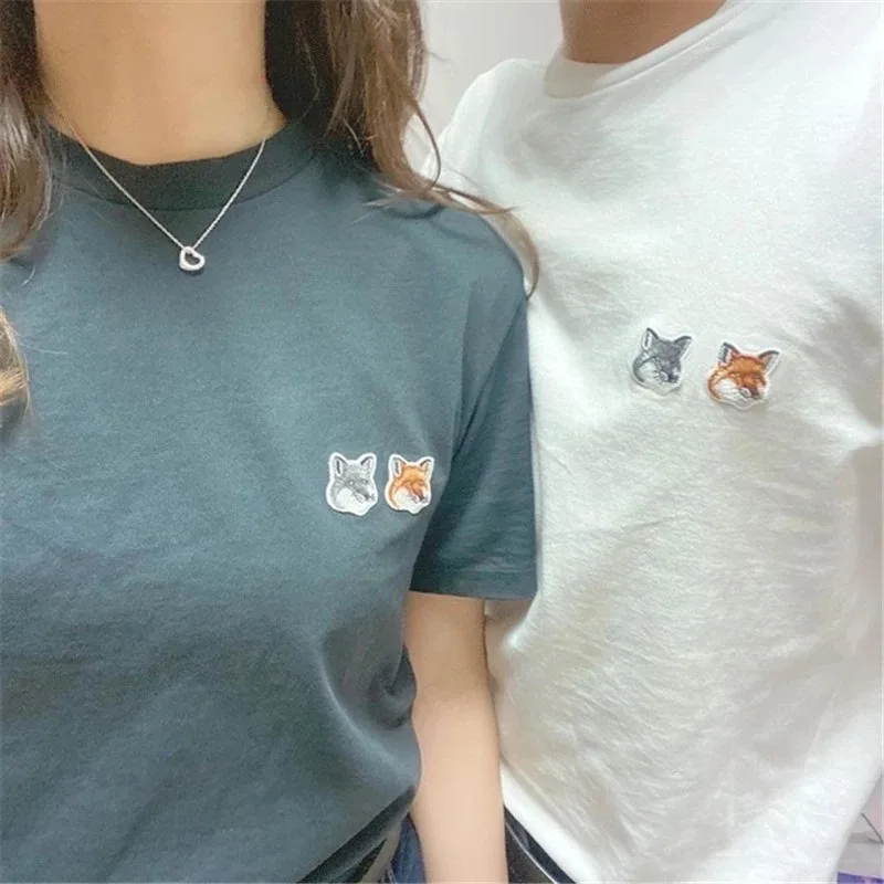 

Summer New Style Double-headed Fox Lovers Embroidered Little Fox Embroidered Cotton Round Neck Short-sleeved T-shirt Women