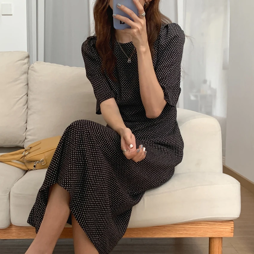 

Alien Kitty Vintage Party Sweet OL Polka Dots Pleated Loose 2021 Summer Gentle Retro Slim Elegant Chic Long Dresses Vestidos