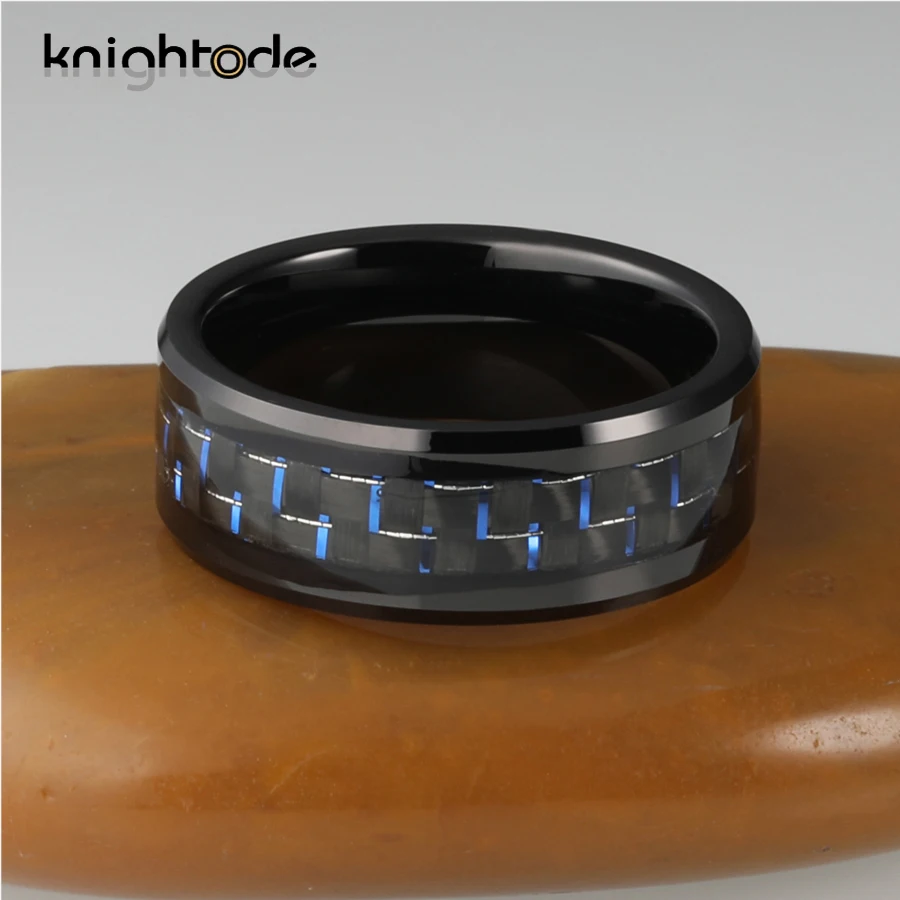 Модные кольца из черного карбида вольфрама 8 мм синие/черные вставки углеродного
