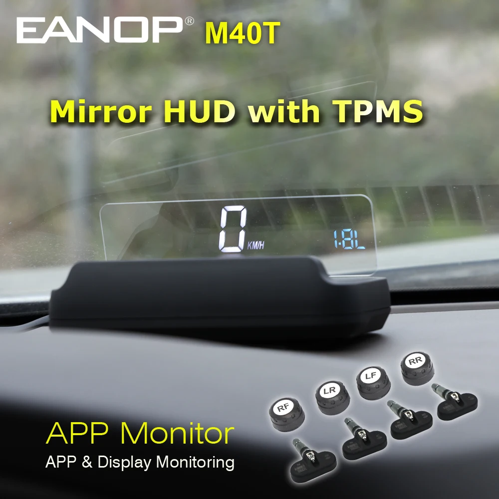 

EANOP M40T Mirror HUD Head up Display OBD2 Speedometer Projector with KMH MPH Tire Pressure Monitoring System TPMS internal Ext