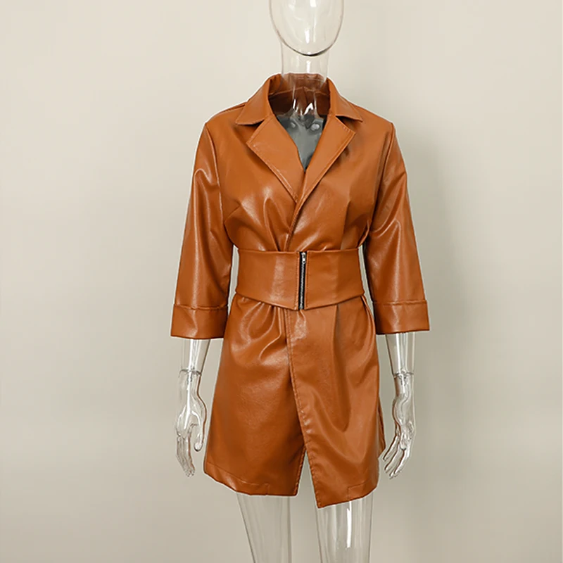 

Women Autumn PU Leather Three-thirds Notch Irregular Mini Dress New Belt Women Dress Street Casual Ladies Solid Color Clothing
