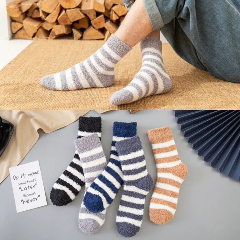 

Зимние Утепленные носки для сна полосатые носки без пятки анклет (браслет на ногу плотные носки кораллового цвета; Носки для мужчин удобные ...