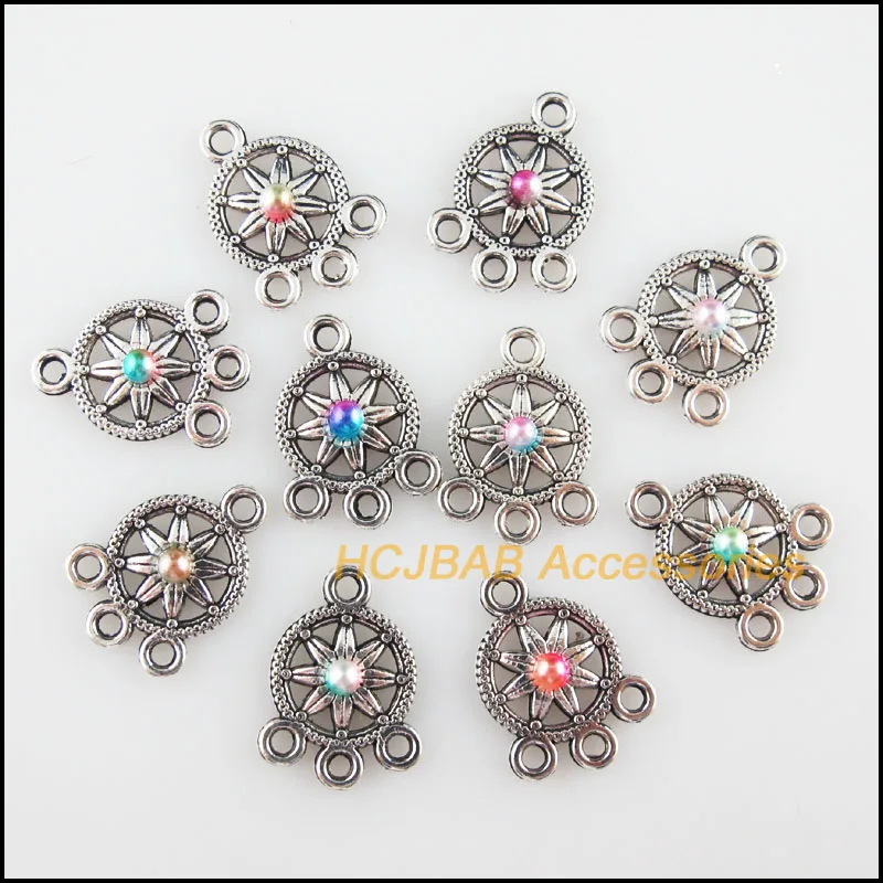 

20Pcs Tibetan Silver Tone Flower Mixed Acrylic Round Charms Connectors 13x18mm