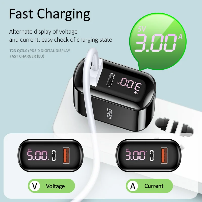 USAMS быстрое зарядное устройство 3 0 USB для iPhone светодиодный дисплей Type-C PD QC Samsung Xiaomi