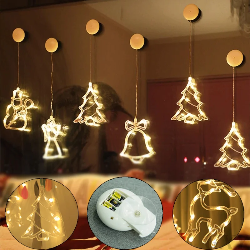 Campana de Navidad de Santa Claus, luces de estrella, decoración de ventana de vacaciones, lámparas LED con ventosa, energía de batería, guirnalda de Navidad para decoración del hogar