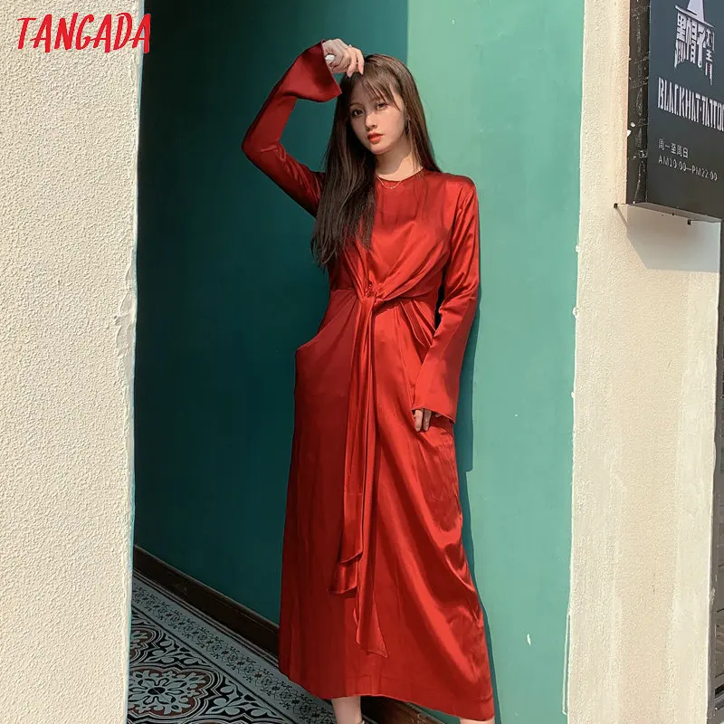 Tangada, женское однотонное красное платье, плиссированное, с бантом, с длинным рукавом, элегантное, для девушек, на год, платья для вечеринок, JE82