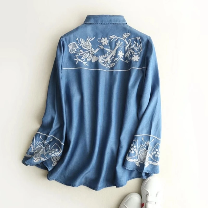 2020 New Embroidery Flower Denim Long Sleeve Shirts for Women Spring Fall Vintage Single Breasted Loose Fit Blouse Womens Tops | Женская
