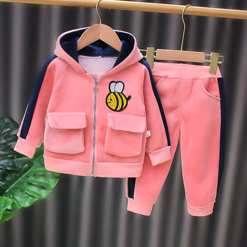 

2021 Autumn Winter Children's Clothing Set Plus velvet baby Girls' Suit kids Hooded Coats +Pants Keep warm Christmas costume