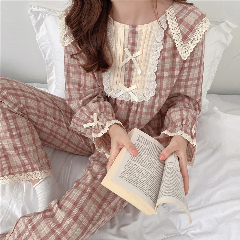 

lolita princess pajamas set women loose lacework bow tie plaid home suit long sleeve top pants 2 pcs homewear