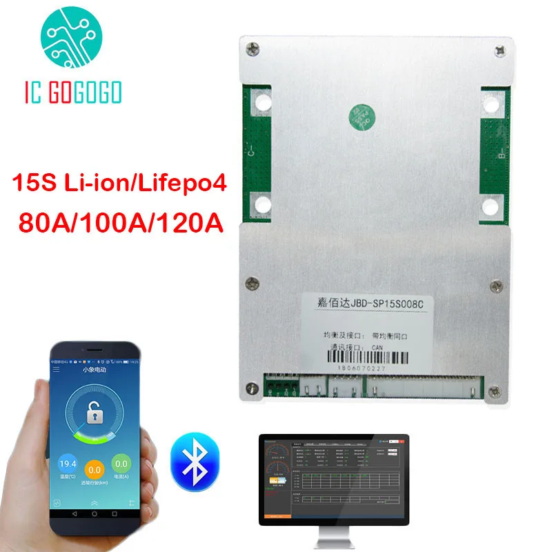 Защитная плата для литий ионного аккумулятора Lifepo4 15S 48 В 56 в 3 7 2 Bluetooth 80А 100А
