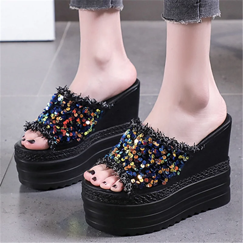 

New Summer Style Chunky 13CM Wedges Super High Heel Sandals Sexy Women's Bling Mixed Colors Sequined Platform Open Toe Slippers