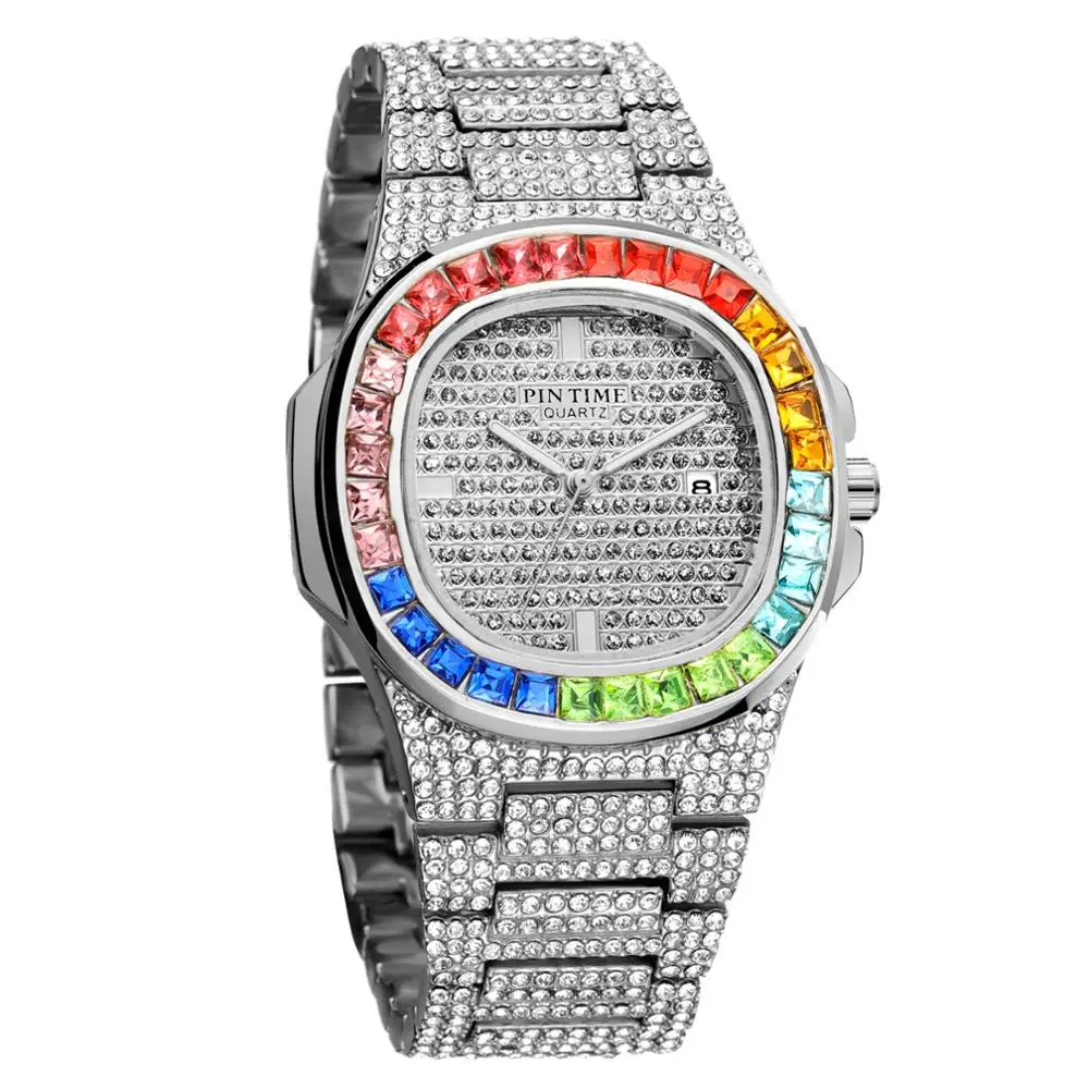 Мужские часы с квадратным бриллиантом из золотистой стали брендовые роскошные