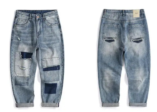 Retro Ripped Jeans Youth Men Loose Straight Casual Denim Pants Brand Patch Ankle-Length Jeans