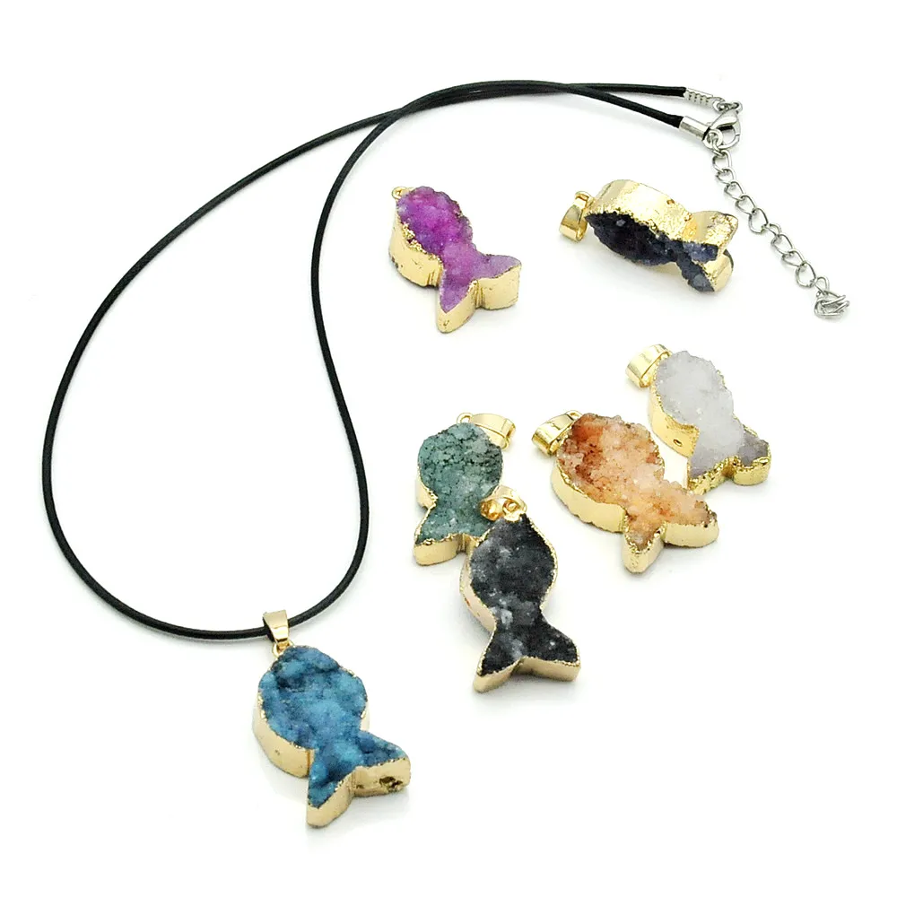 Natural Stone Crystal Bud Necklace Pendant Clustered Fish Alloy Bezel Small Used in Jewelry DIY Accessories | Украшения и
