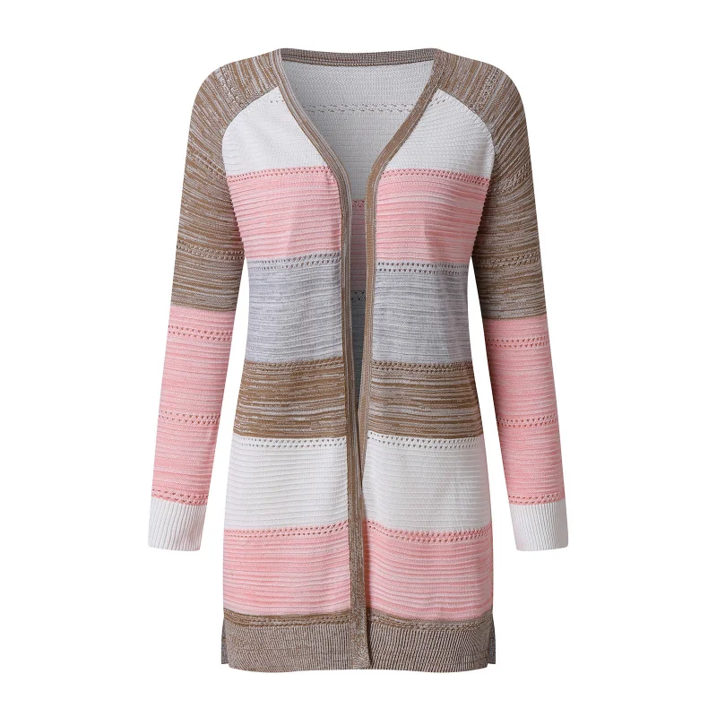

Women Cardigan Comfy Stylish Stitching Long Sleeve Striped Patchwork Sweater Female Casual Long Cardigan Autumn Winter Tops