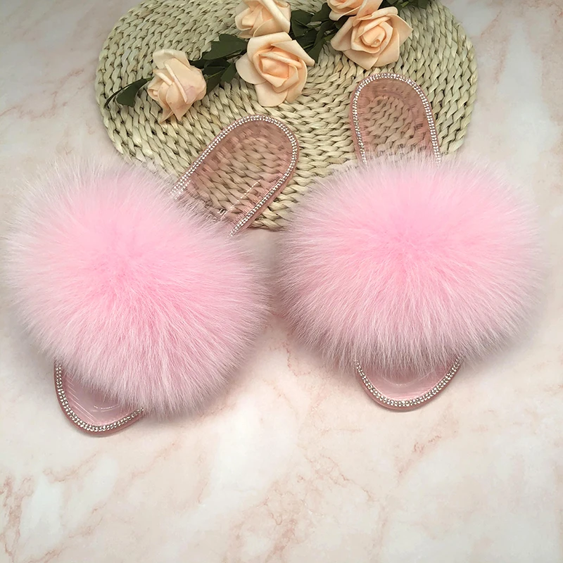 Summer Jelly Shoes Plush Fur Slippers Women Real Fox Slides Outdoor Flat Sandals Big Size For Flip Flops | Обувь
