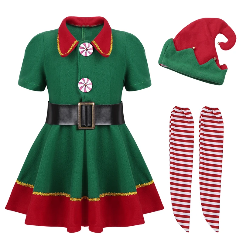 

2019 green Elf Girl christmas Costume Festival Santa Clause for Girls New Year chilren clothing Fancy Dress Xmas Party Dress Set