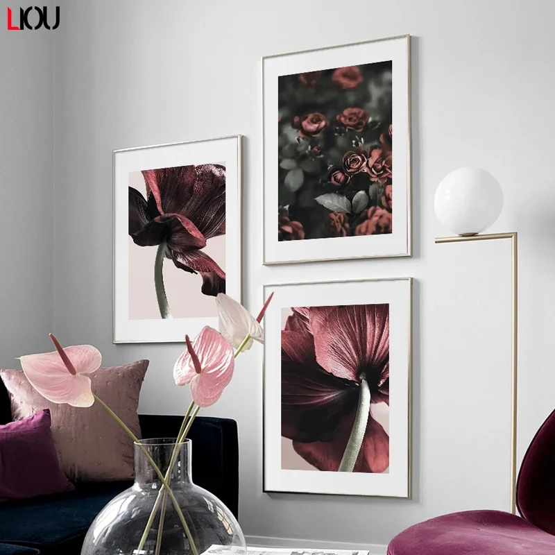 Настенные постеры с красными розами и фотографиями в скандинавском стиле | Дом
