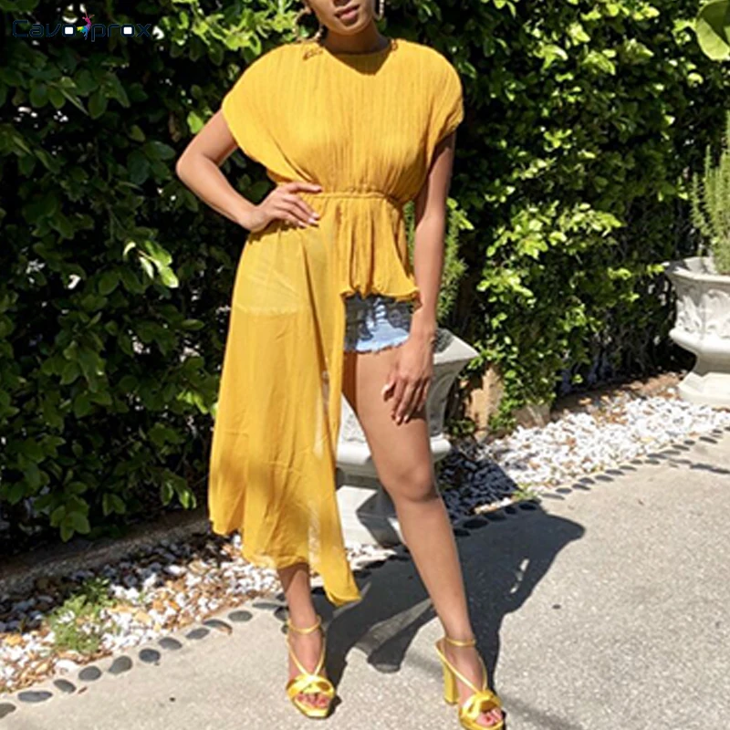 Женская шифоновая Асимметричная рубашка с поясом и О образным вырезом