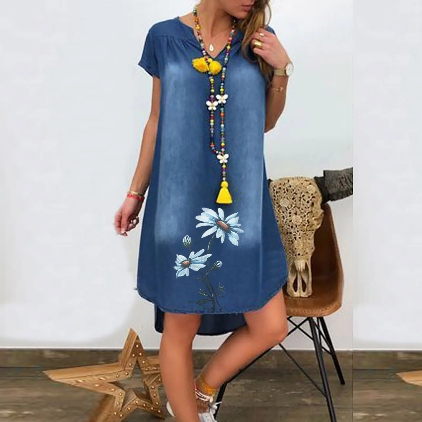 

Fashion Women's Summer Jeans Dress Short Sleeve Chrysanthemum Print Irregular Hem Loose Denim Dress Casual Vintage Women Dress