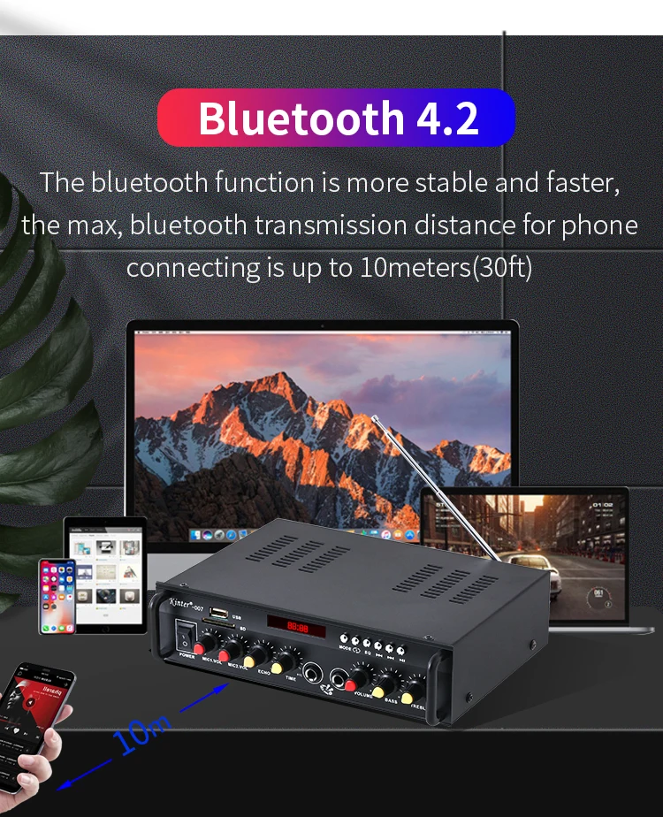 Kinter 007 усилитель звука аудио для динамика 30 Вт* 2CH AC источник питания DC12V Поддержка bluetooth 4,2 USB TF вход FM металлический корпус