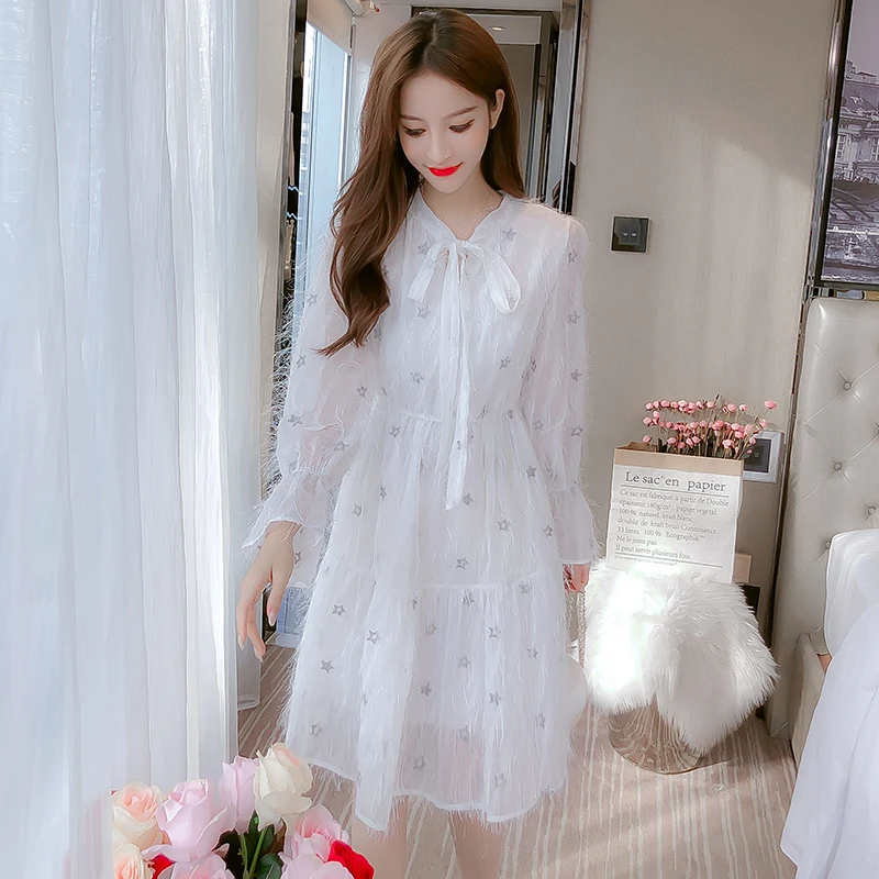 

Korea Pink Stars Sweet Beach Long Sleeve Dress 2020 Spring Autumn Casual Vintage Midi Dress Elegant Women Bodycon Party Vestidos