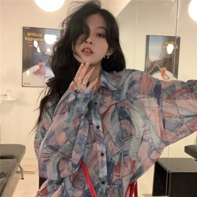 

Женская шифоновая блузка с длинным рукавом, однобортная тонкая Свободная блузка с отложным воротником и цветочным принтом, 2021