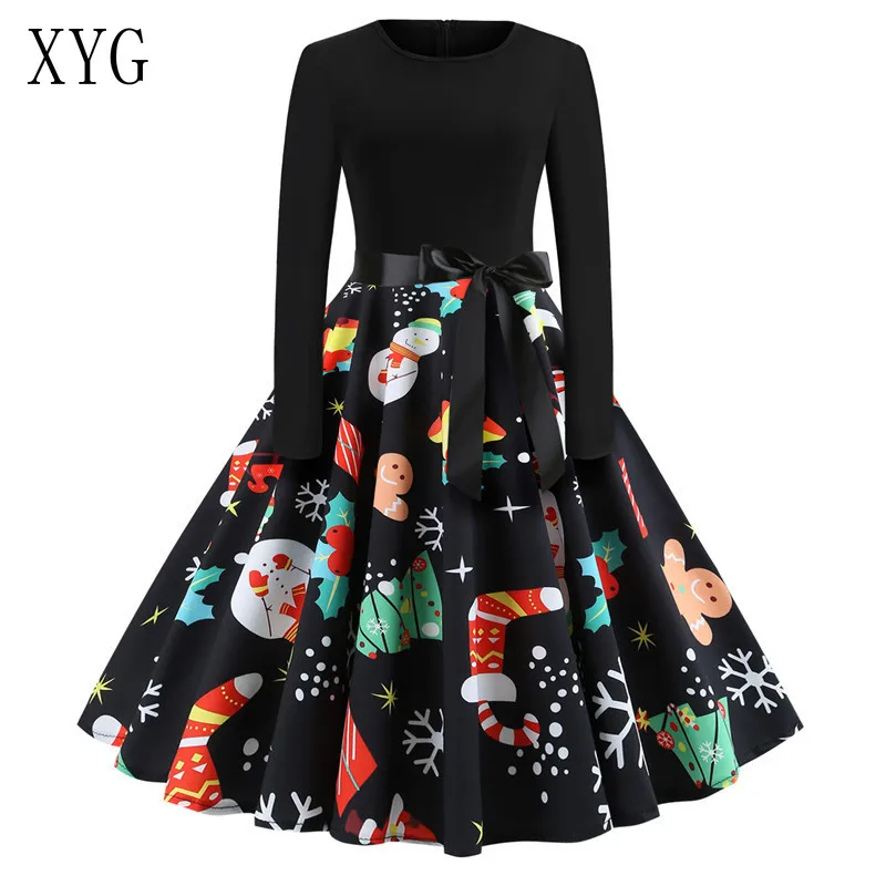 

Party Dresses Women Evening Christmas O Neck Sexy New Year Long Sleeve Plus Size Casual Black Big Swing Print Robe Vintage Dress