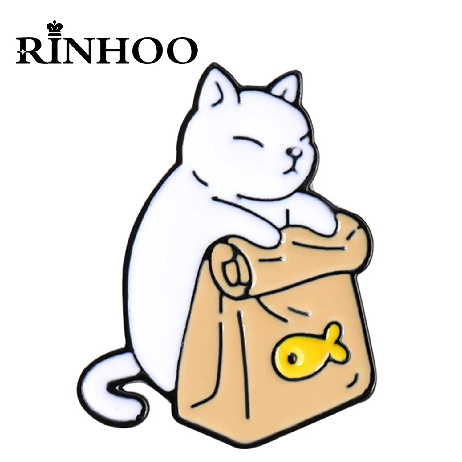 

Rinhoo Feed Myself Fish Dried Bag Cat Enamel Pins Cute Black White Kitten Brooch Clothes Lapel Badge Cartoon Animal Jewelry Gift