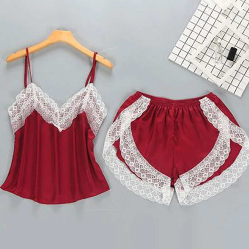 

Summer Women's Sleepwear Set 2Pcs Sexy Lace Patchwork V-Neck Crop Tops Sleeveless + Mini Shorts Fashion Pajama Suit
