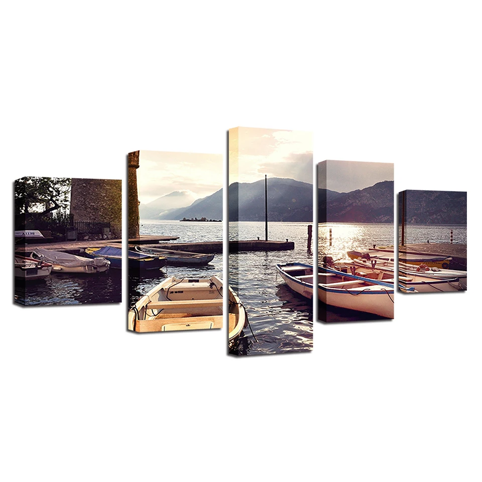 

Art Framework Modular Canvas Paintings 5 Pieces Ship And Mountain Seascape HD Prints Decor Home Modern Living Room
