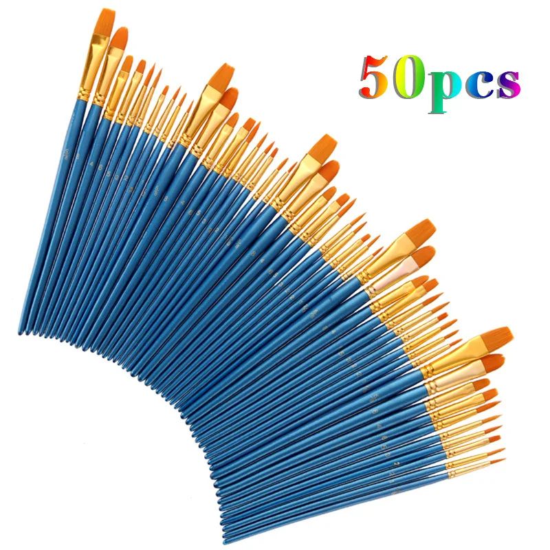 50Pcs Detail Paint Brush Set Professional Synthetic Short Handle Brush Art Brush Supplies Watercolor Oil Paint Brush Set