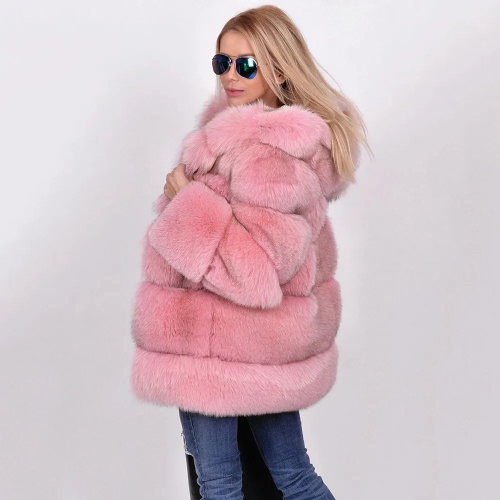 Natural Pink Real Fox Fur Coats With Hood Thick Warm High Quality 2022 Trendy Whole Skin Genuine Fox Fur Jackets Medium Length