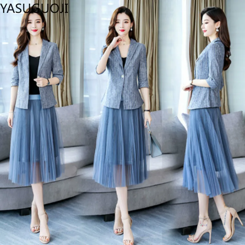 

YASUGUOJI New 2021 Fashion Slim Fit Half-sleeve Blazer and Mesh Skirt Suits Office Lady Blue Tulle Skirt Suits 2 Piece Work Suit