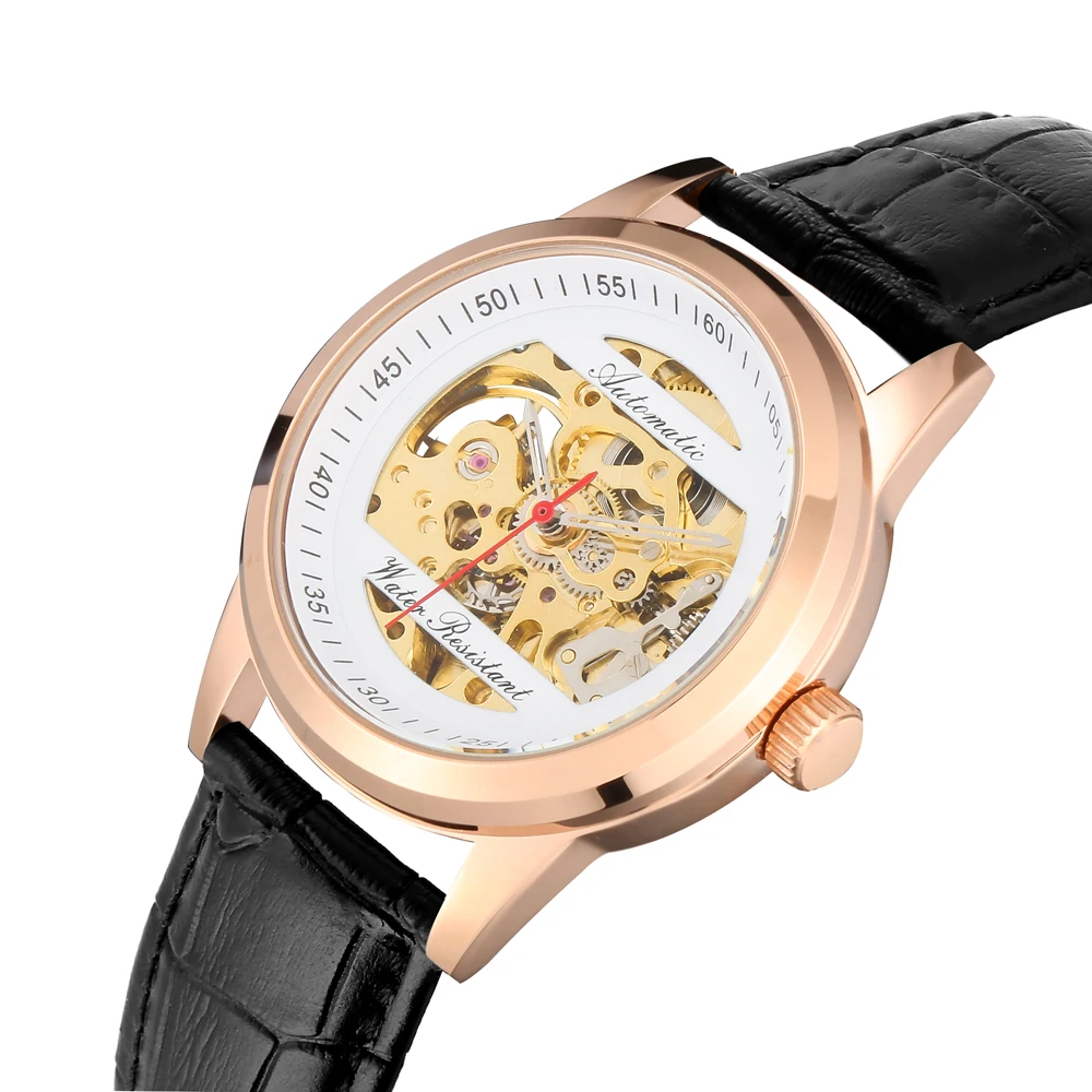 Часы-скелетоны Мужские механические золотые водонепроницаемые до 30 метров |