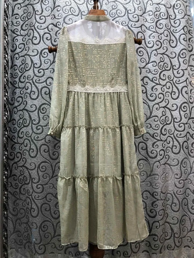 

2021 Spring Summer Fashion Designer Dress Women Bow Collar Golden Prints White Lace Patchwork Long Sleeve Mid-Calf Green Dress