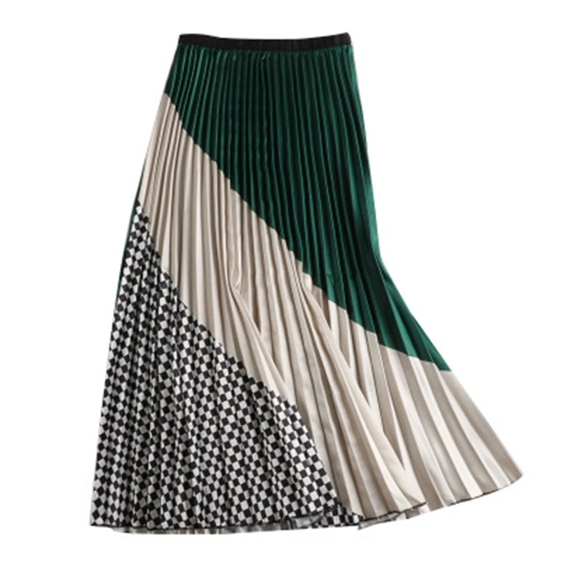 

SWEETKAMASpring New-Coming Europen Color Matching Plaid Pleated Skirt High Street Style Mid-Calf Empire Striped Women Skirts