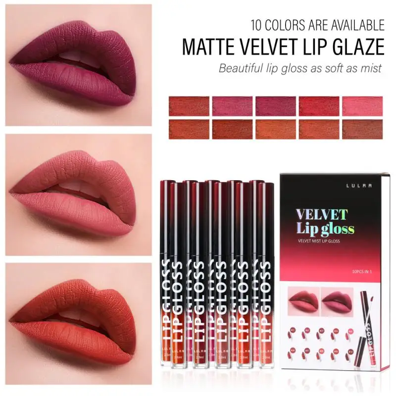 

LULAA Lip Glaze Velvet Matte Lipstick Non-marking Waterproof Long Lasting High Color Rendering Lip Gloss Korean Cosmetics 10PCS