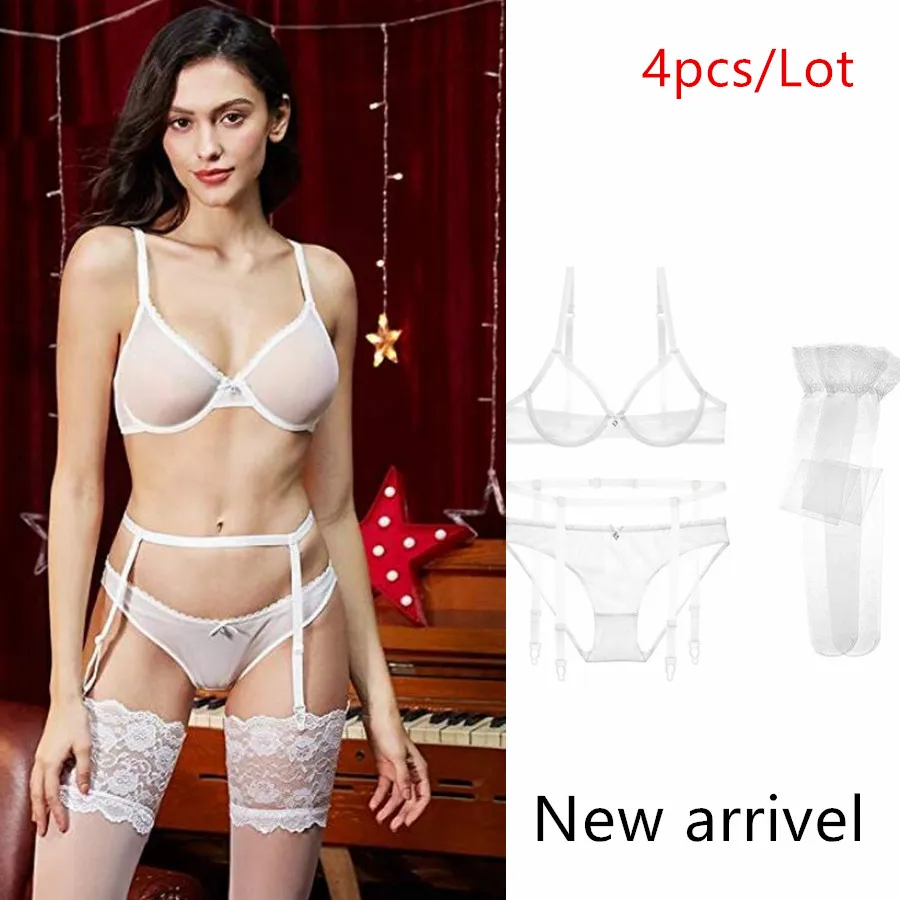 Sexy white Сексуальный кружевной тонкий хлопковый комплект с бюстгальтером(бюстгальтер+ трусики+ пояс с подвязками+ чулок), 4 шт./лот, комплект нижнего белья - Цвет: Sexy white