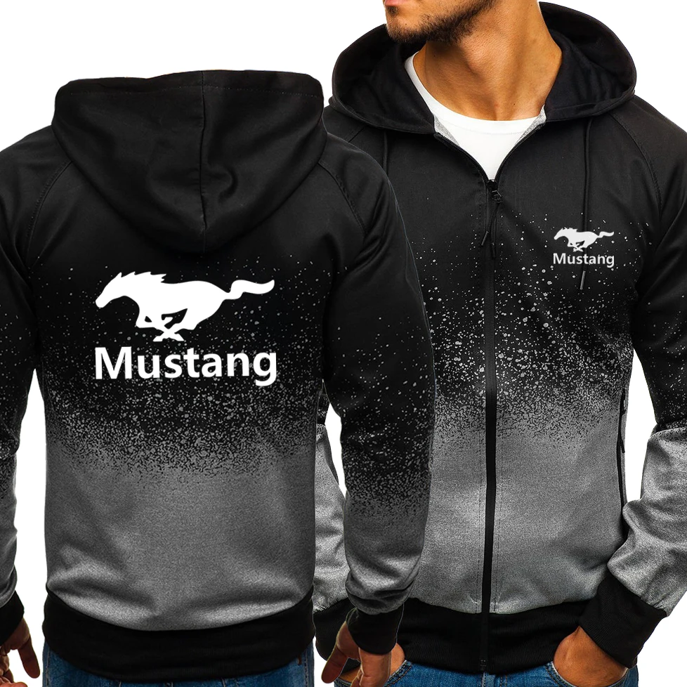 

Spring Hoodies Men Mustang Logo Casual Harajuku Gradient Color Hooded Fleece Sweatshirts Zipper Jacket Male Clothing