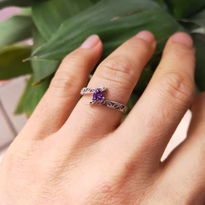 

HELON Solid Silver 925 Certified Trillion Cut 4.5mm 100% Genuine Natural Amethyst Ring Vintage Engagement Wedding Elegant Ring