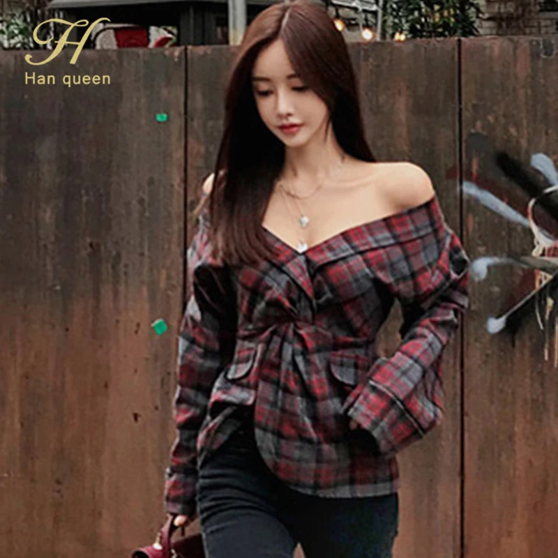 Корейские женские винтажные клетчатые Топы H Han Queen осенняя Повседневная Блузка с