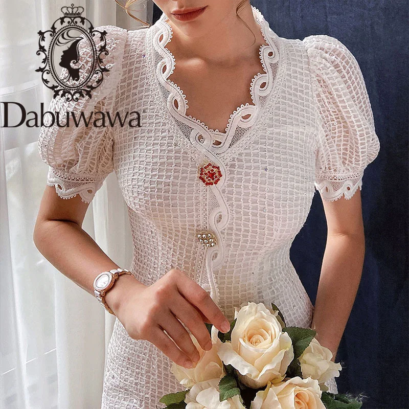 

Dabuwawa Exclusive Elegant White Summer Dress Women Puff Sleeve Single Breasted V-Neck Streetwear Dress Ladies DO1BDR060
