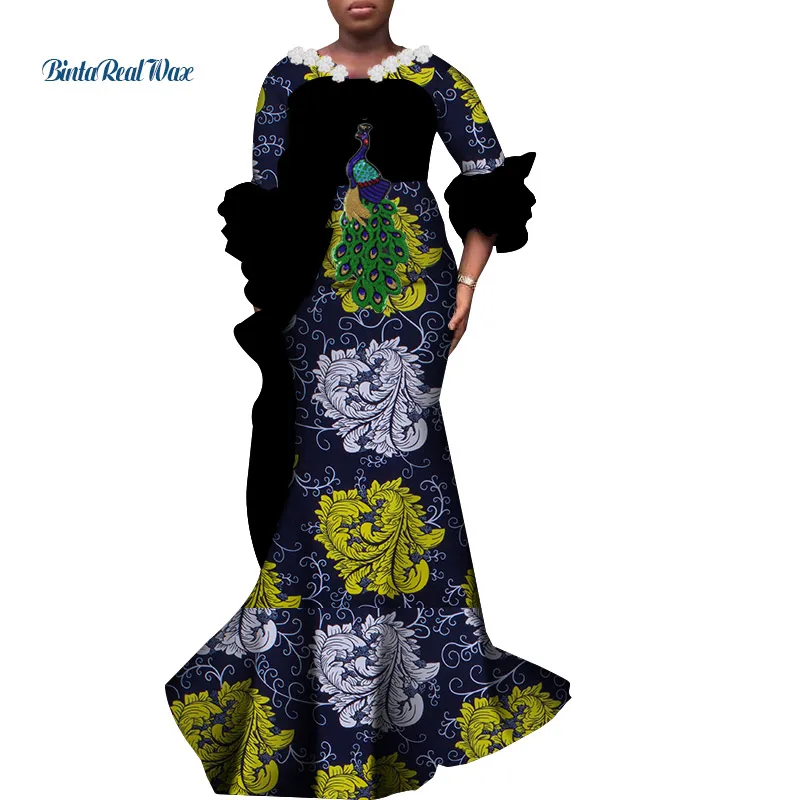 Flare Sleeve African Print Long Dresses for Women Bazin Riche Elegant Wedding Party Dress Vestidos African Women Clothing WY7074