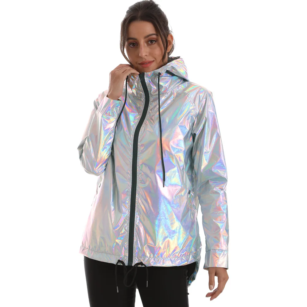 

Zipper Closure Long Sleeve Shiny Women Jacket Loose Hooded Sweatshirt Waterproof Women's Raincoat Laser Light Fall Autumn