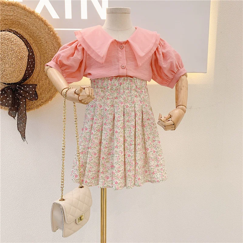 

Summer New Girl Korean Lapel Pink Top Retro Floral Pleated Skirt Short Sleeve Two-Piece Girl Temperament Clothing for 2-8 Y