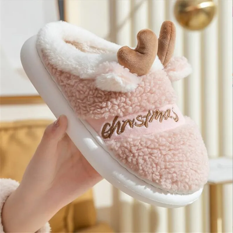 

Winter Women Furry Cartoon Slippers Rabbit Wool Home Shoes EVA Platform Slient Men Flat Shoes Pantuflas de mujer Christmas