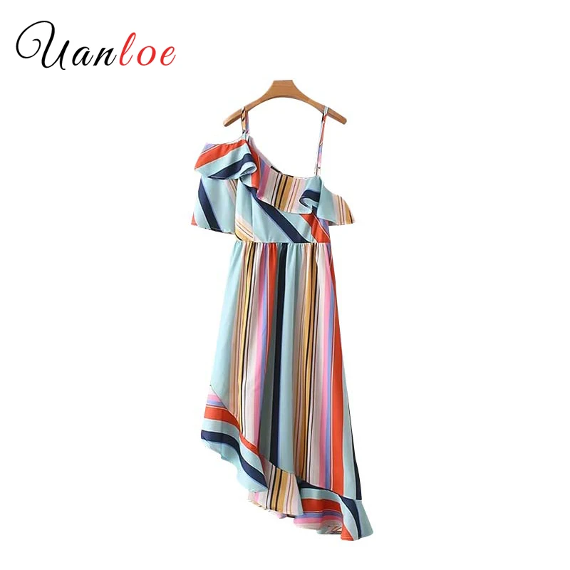 

Women Sweet Ruffles Striped Dress Sexy One Shoulder Spaghetti Straps Female Casual Asymmetrical Dresses Vestidos 2019