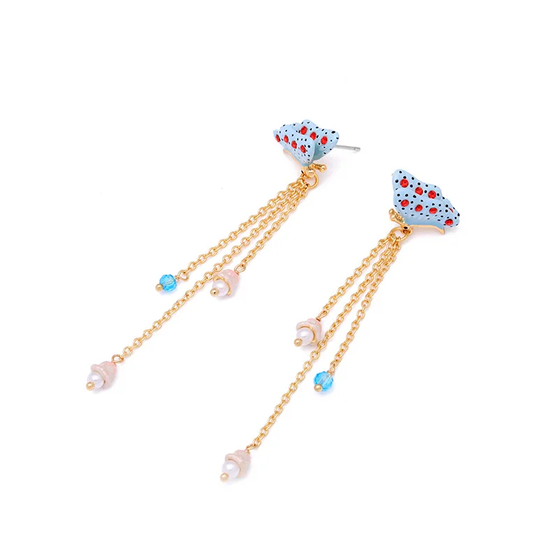 

French Butterfly Flower Earrings Personalized Net Rred Long Tassel Fairy Face Earrings Female hand-painted Enamel Stud Earrings